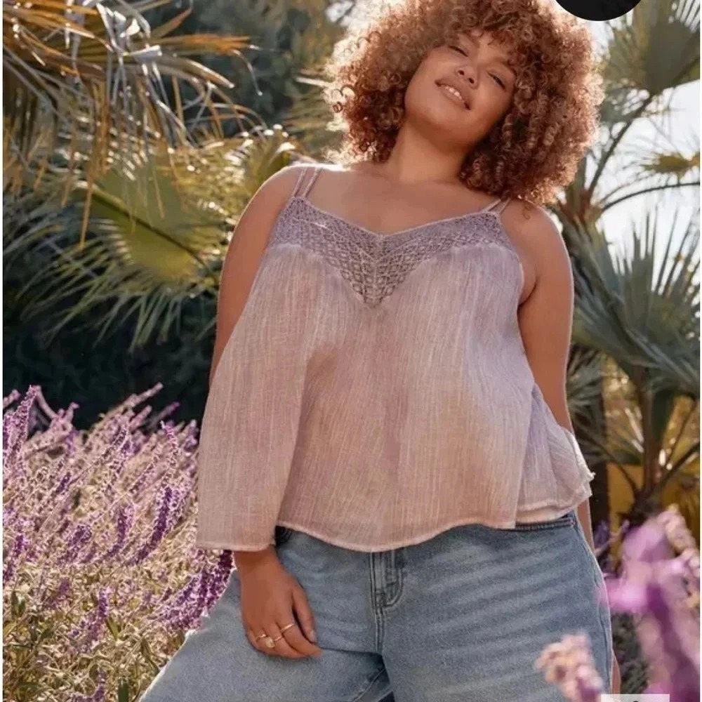 Torrid Festi Crochet Trim Size 00X Large L Pink Gauzy Cami Adjustable‎ Straps